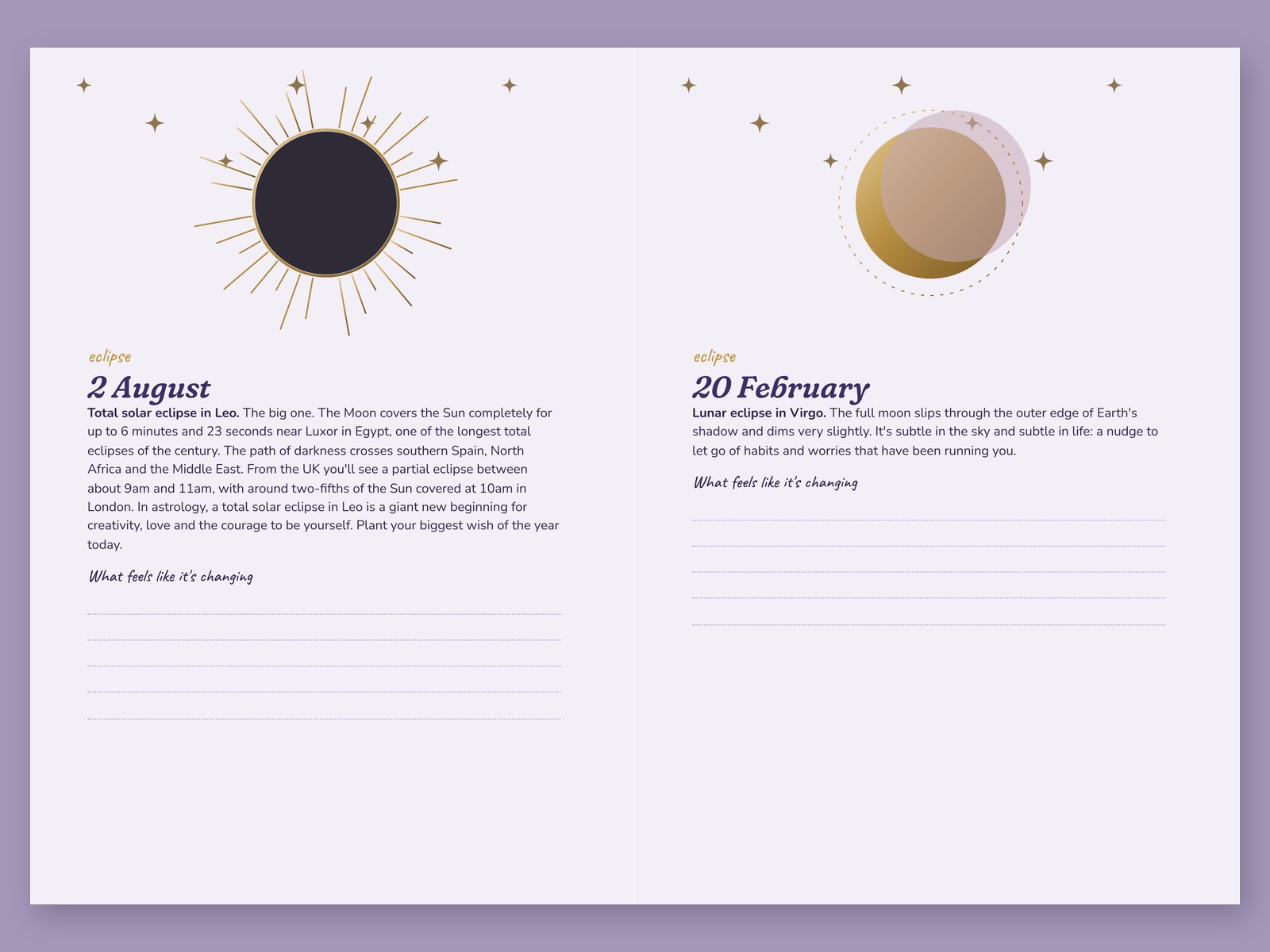 Eclipse pages for the total solar eclipse on 2 August and the lunar eclipse on 20 February