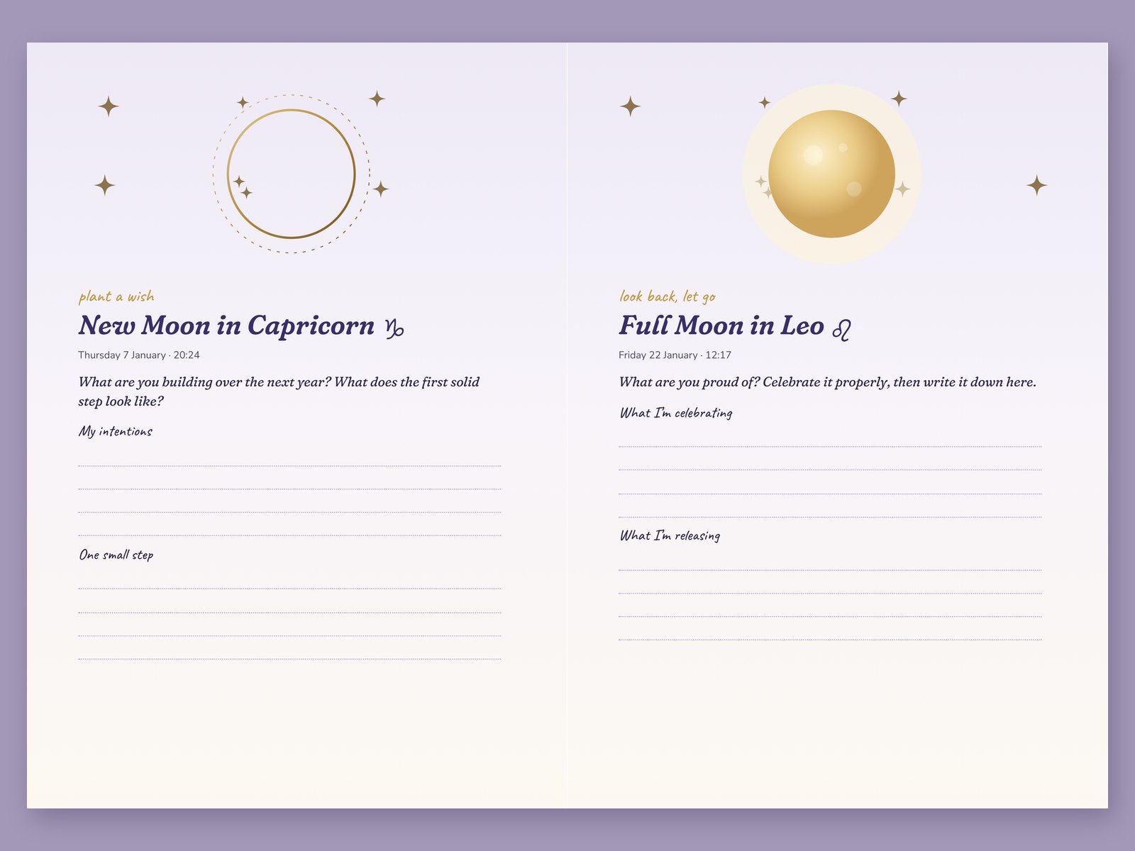 A new moon page for planting wishes and a full moon page for letting go